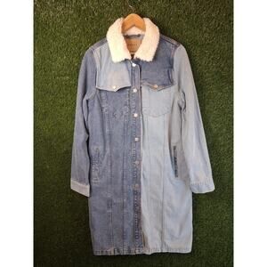 BLANKNYC Colorblock Denim Jacket Longline Faux Fur Collar Two Tone Blue Size S